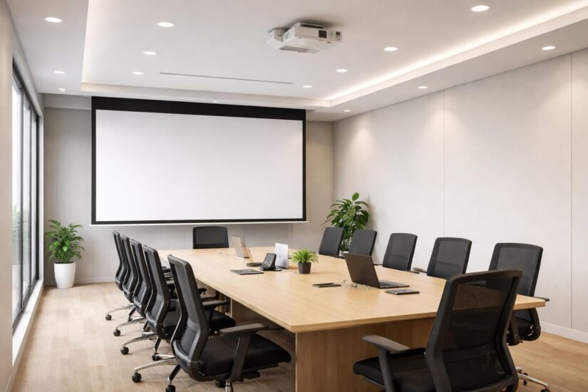 Salle de réunion rénovée : écran de projection intégré plafond rendu pro