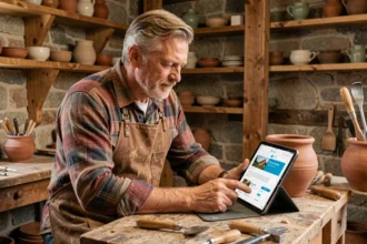 Artisan alsacien consultant une fiche de référencement local sur tablette dans son atelier de poterie