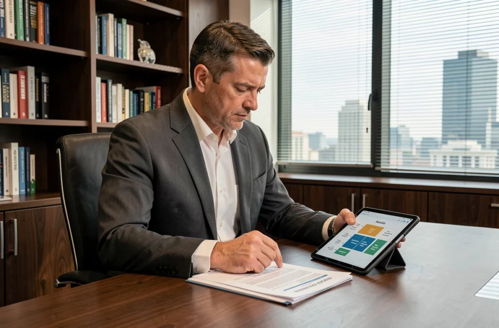 Cadre commercial sédentaire consultant un plan d'évolution de carrière dans un bureau privé avec vue sur la ville