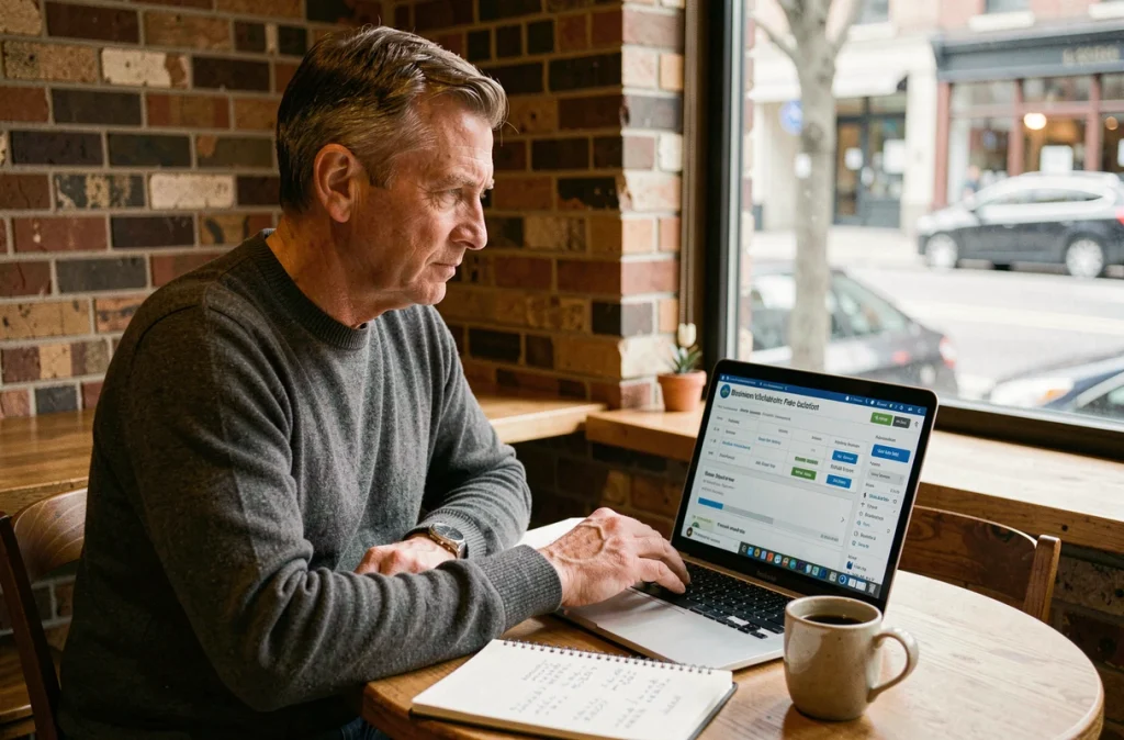 Entrepreneur calculant les frais de cession de fonds de commerce dans un café avec un outil en ligne