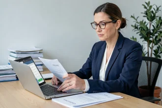 Femme d'affaires analysant les frais de cession de fonds de commerce sur une calculette en ligne