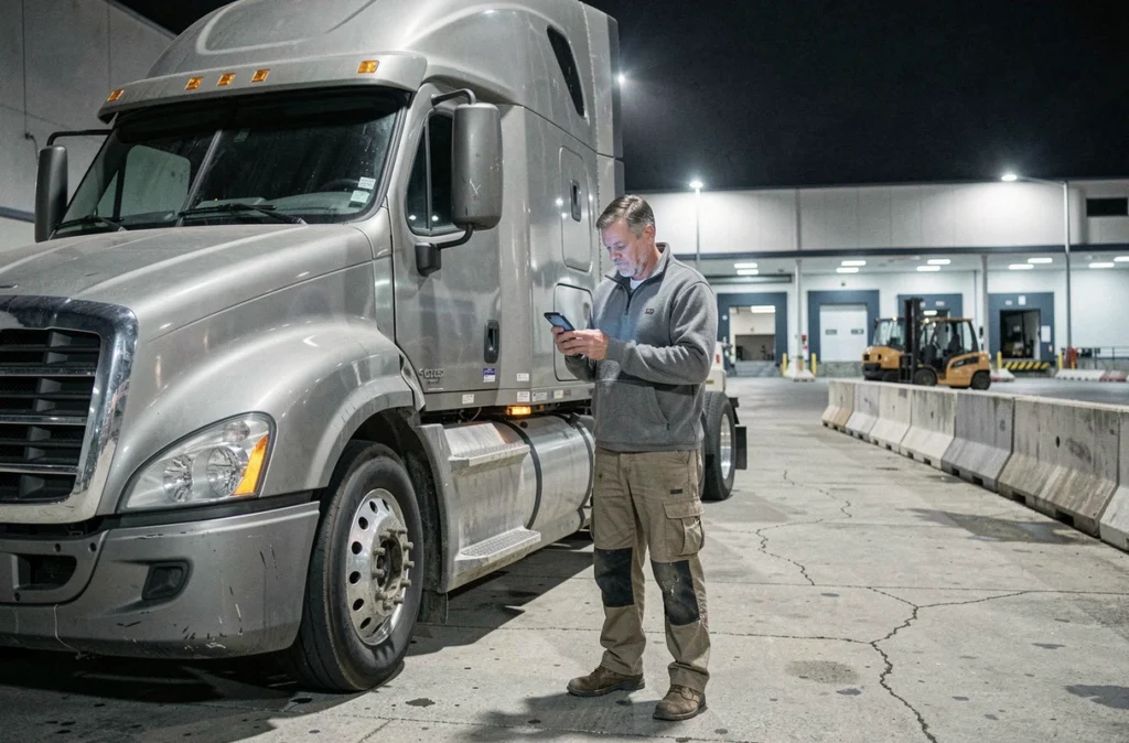 Chauffeur poids lourd consultant son smartphone devant son camion dans un entrepôt logistique de nuit