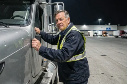Chauffeur poids lourd en gilet réfléchissant montant dans la cabine de son camion de nuit dans une aire de repos autoroutière
