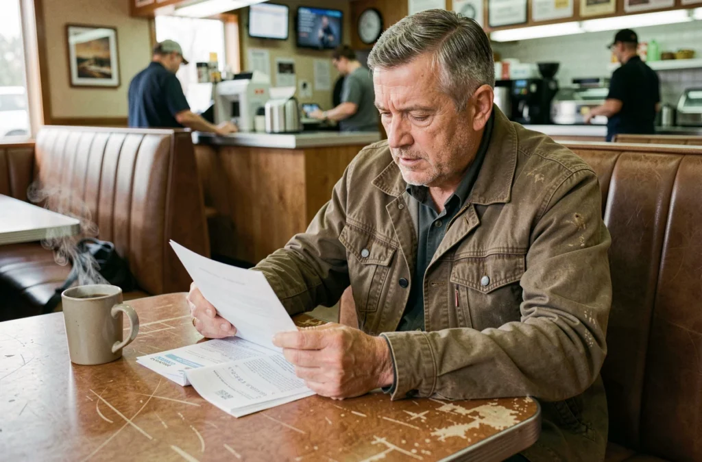 Chauffeur routier analysant ses fiches de paie et documents de salaire attablé dans un routier avec un café
