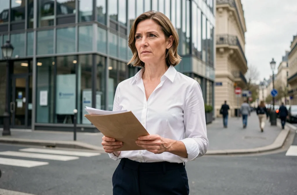 Une femme tenant des documents administratifs devant un bureau Pôle Emploi après une rupture de contrat pour faute grave