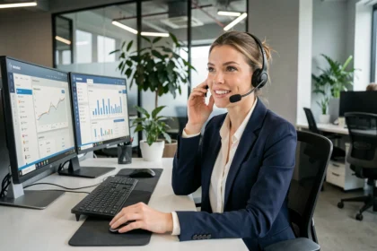 Commerciale sédentaire en entreprise travaillant sur des tableaux de bord CRM avec casque téléphonique dans un open space moderne