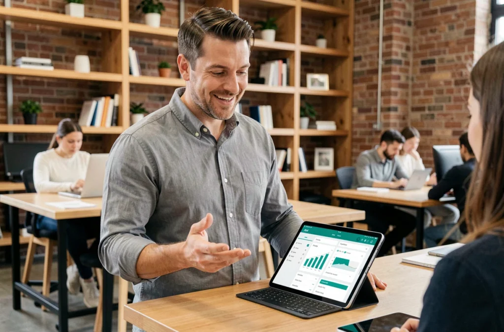Conseiller commercial debout en espace de coworking utilisant une tablette pour gérer ses opportunités commerciales