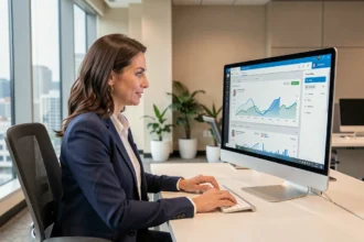 Conseillère commerciale analysant un tableau de bord CRM sur ordinateur pour optimiser ses ventes dans un bureau moderne