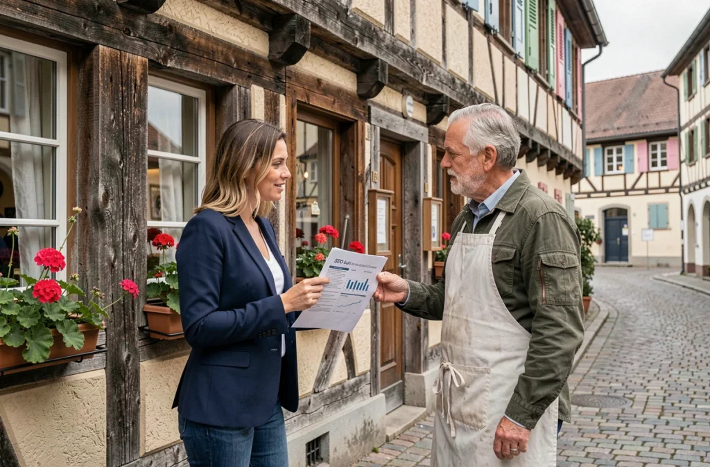 Consultante en référencement discutant d'une stratégie SEO locale avec un boulanger artisan devant sa boutique alsacienne