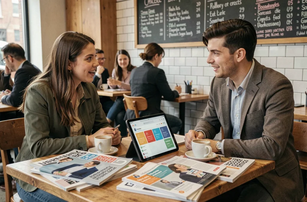 Deux jeunes entrepreneurs discutant du choix entre magazine business papier et formation en ligne dans un café