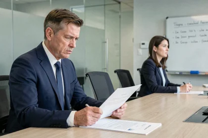 Un employé en costume face à un responsable RH lors d'un entretien disciplinaire dans une salle de réunion d'entreprise