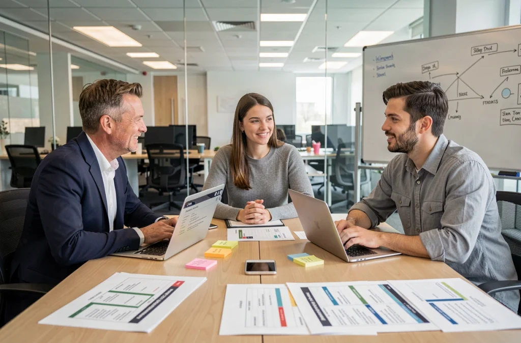 Une équipe de professionnels collaborant autour d'une table de réunion avec des outils de gestion de projet numériques et imprimés
