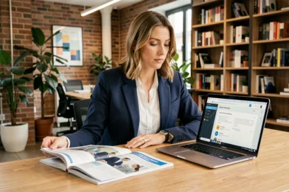 Femme entrepreneur comparant un magazine business papier et une plateforme de formation en ligne sur son bureau