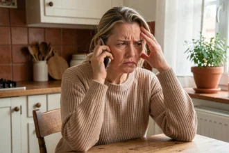 Femme frustrée tentant de contacter le service client France Télécom par téléphone sans succès