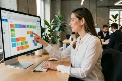 Une professionnelle utilisant une plateforme de gestion de projet sur son ordinateur dans un bureau moderne et lumineux