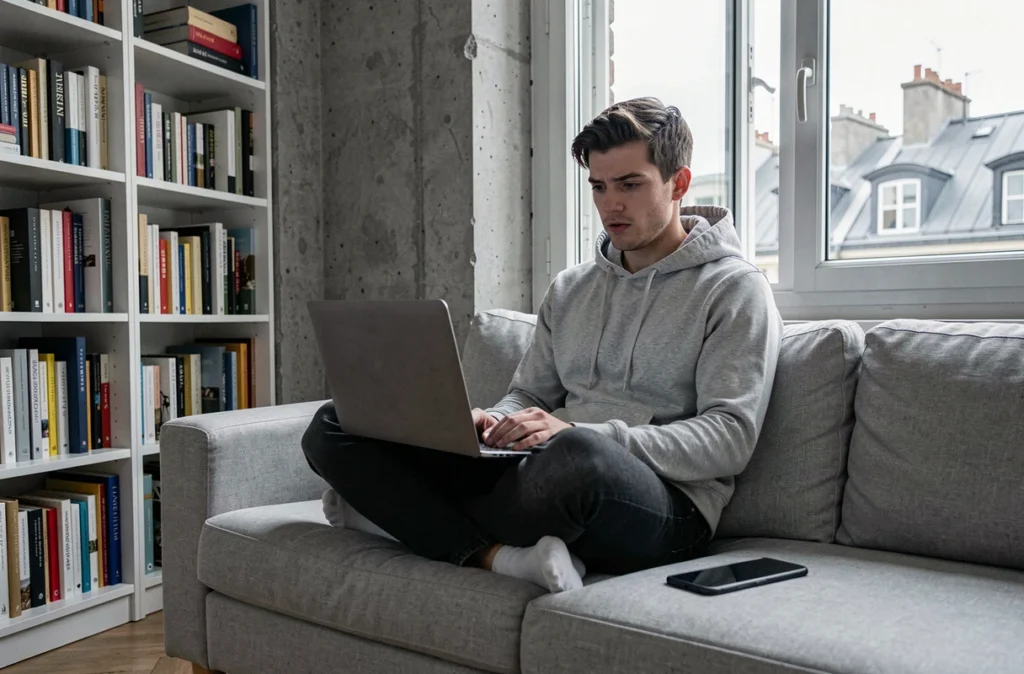 Jeune homme cherchant une alternative en ligne au numéro inaccessible du service client France Télécom