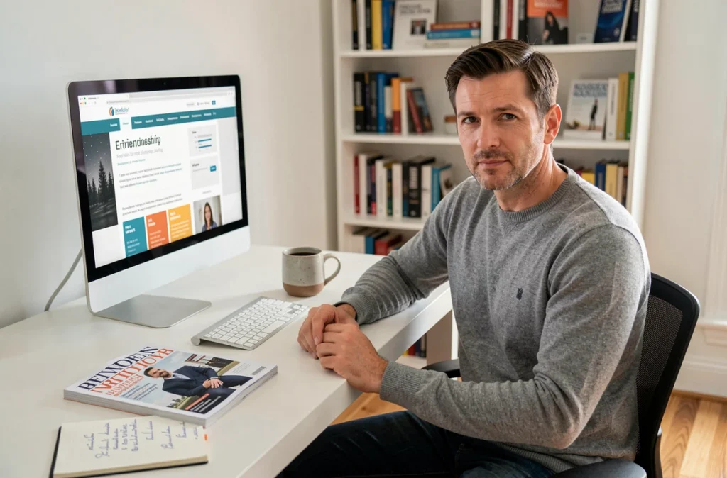 Homme en télétravail consultant une revue business et un site de formation entrepreneuriale depuis son bureau à domicile