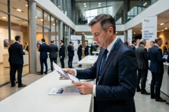 Investisseur en costume marine consultant le programme de l'événement Lesentreprisesfrenchy 2026 dans le hall d'un centre de conférences moderne