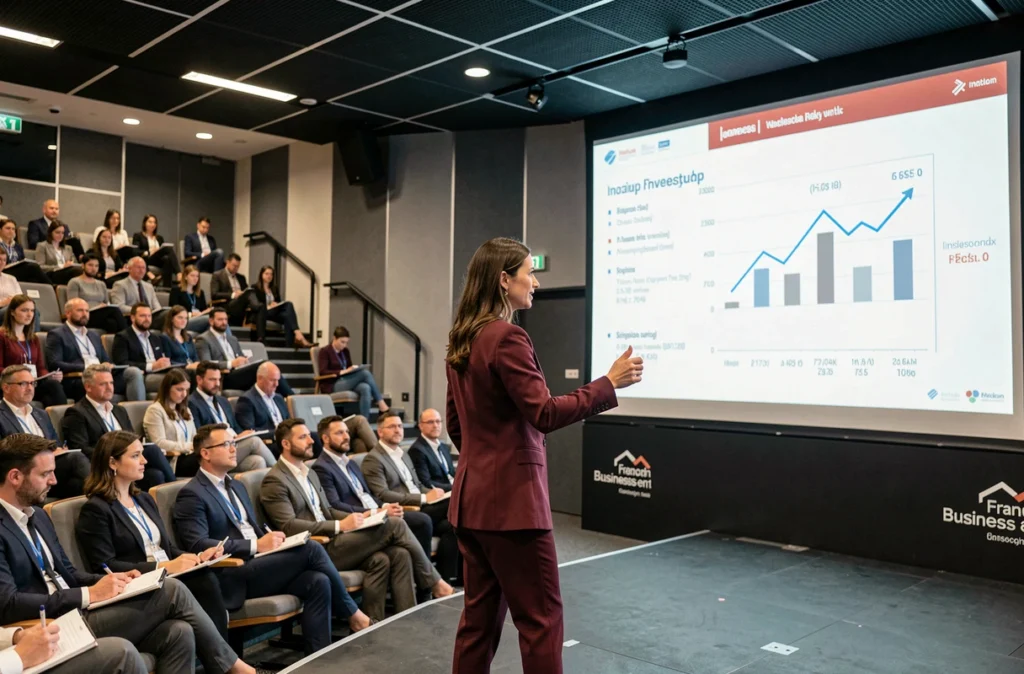 Entrepreneuse présentant son pitch devant des investisseurs lors de la conférence Lesentreprisesfrenchy 2026