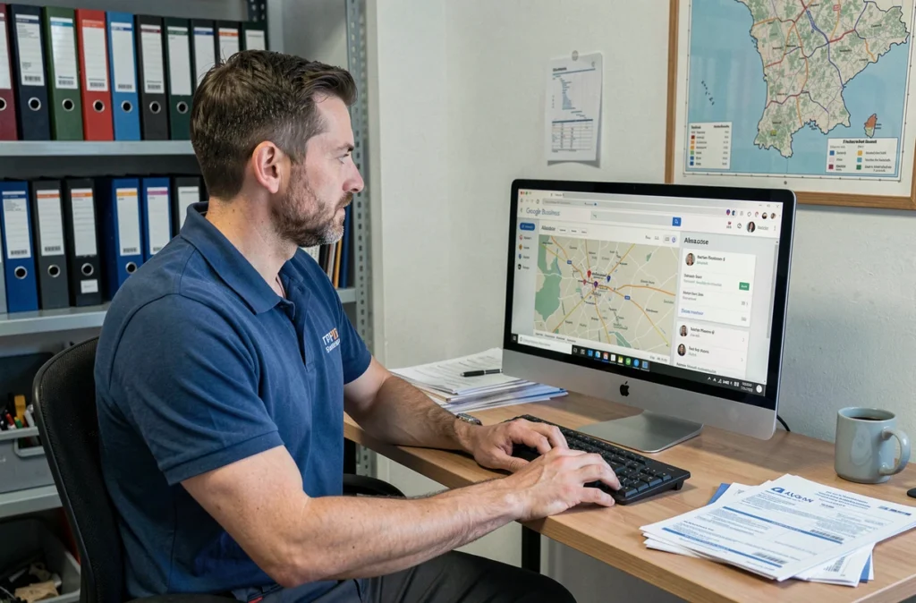Artisan plombier alsacien analysant son référencement Google My Business sur ordinateur dans son bureau de TPE