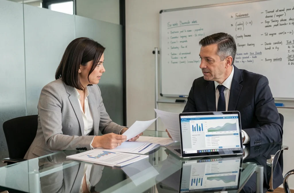 Deux conseillers commerciaux en réunion analysant des rapports de ventes et un logiciel CRM pour optimiser leur stratégie