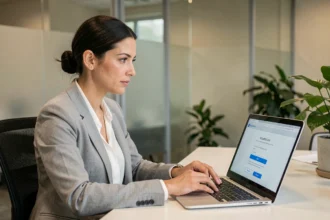 Femme professionnelle sécurisant ses accès sur un portail informatique en entreprise avec authentification à deux facteurs