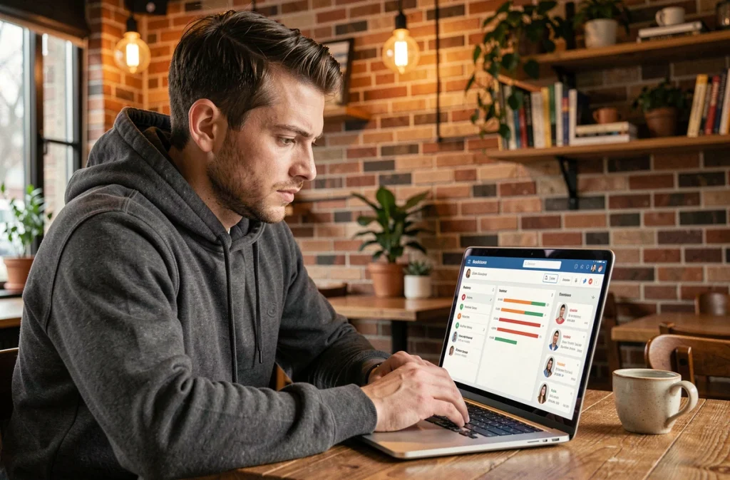 Un jeune professionnel travaillant à distance dans un café sur une plateforme de gestion de projet simplifiée
