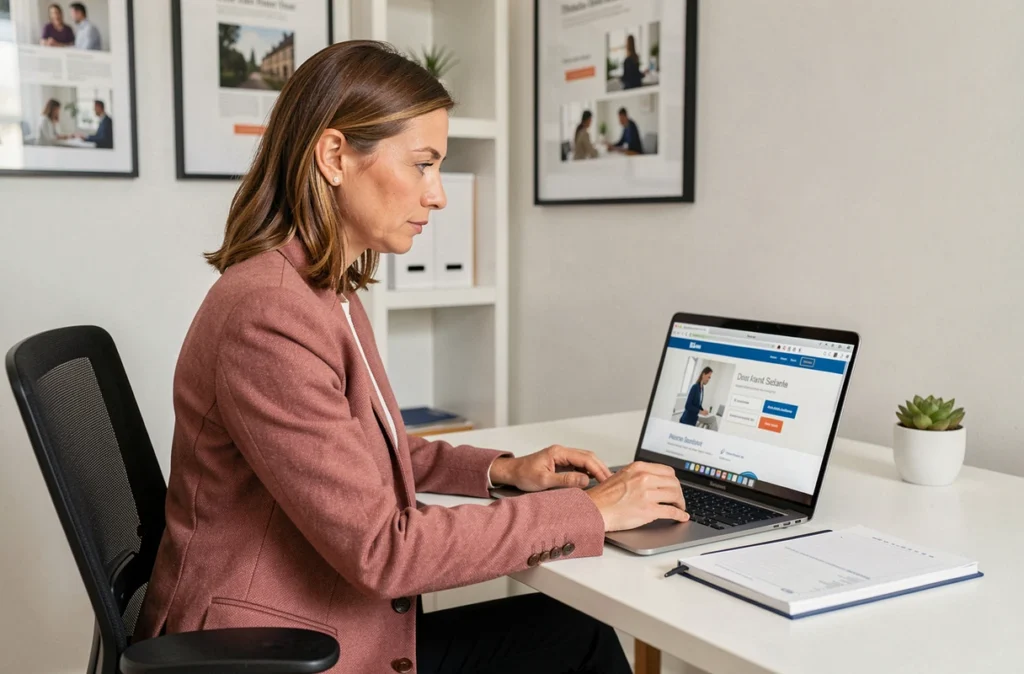 Responsable de l'agence Acti révisant un projet web finalisé sur son ordinateur portable dans un bureau professionnel bien organisé