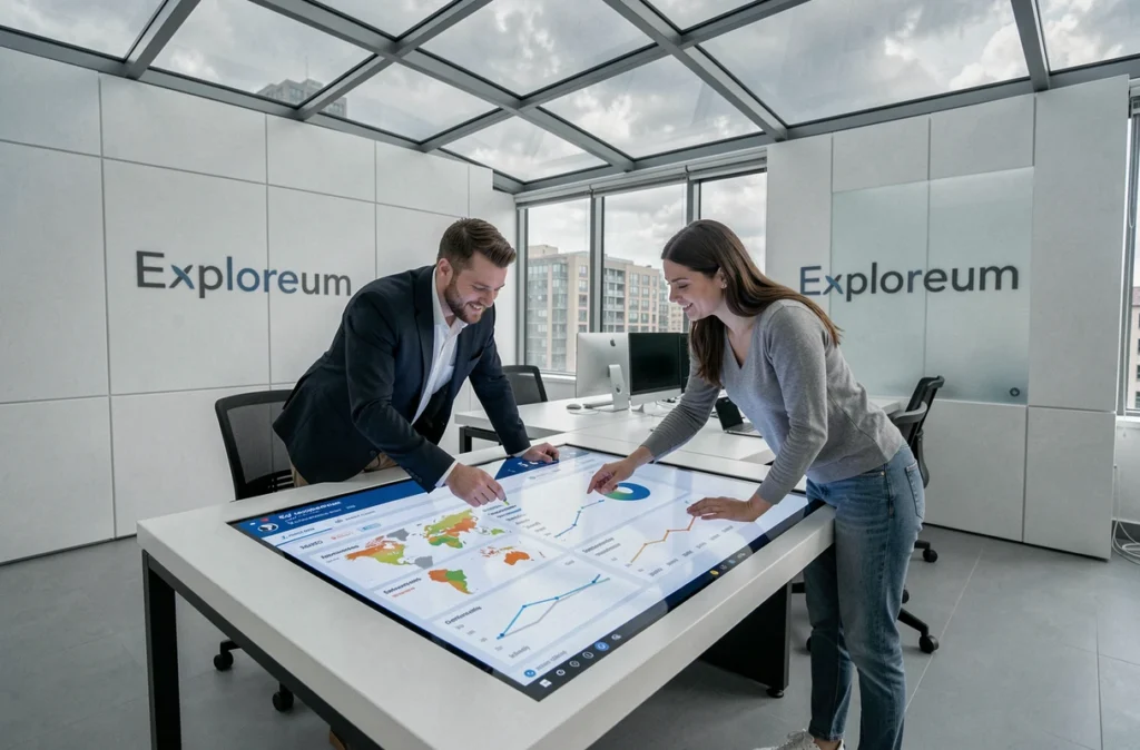 L'équipe de l'agence Exploreum collaborant sur un tableau de bord SEO interactif dans leurs locaux modernes