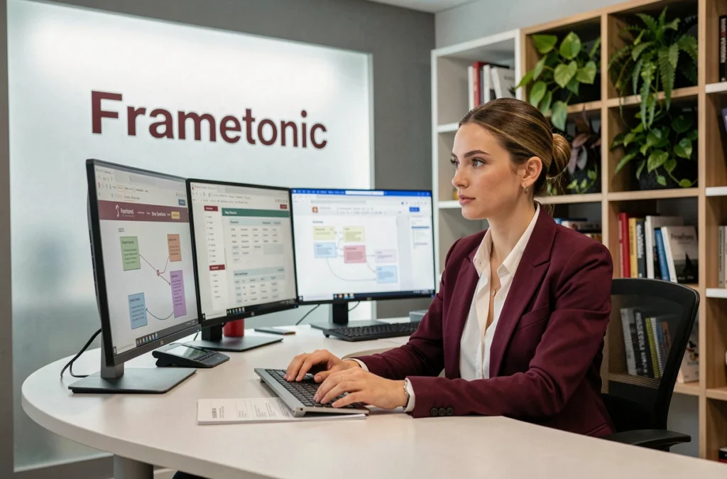 Consultante de l'agence Frametonic travaillant sur l'optimisation SEO et l'UX d'un site web depuis son bureau multi-écrans