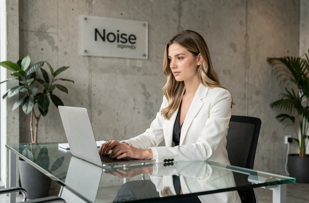 Professionnelle de l'agence Noiise travaillant sur une stratégie SEO dans un espace de travail contemporain au design épuré
