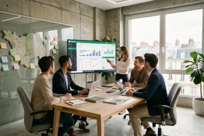 Équipe d'une agence SEO en Auvergne-Rhône-Alpes travaillant sur des tableaux de bord d'analyse dans un open-space moderne à Lyon