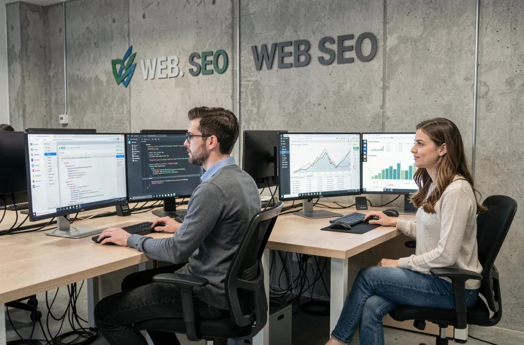 L'équipe de l'agence Web and SEO au travail, avec un développeur web et une analyste SEO côte à côte devant leurs écrans