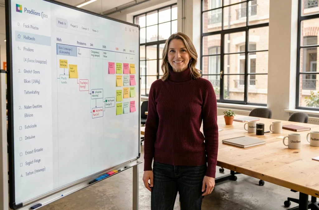 Chef de projet de l'agence Akyos debout devant un tableau de planification numérique de projet web dans un studio créatif