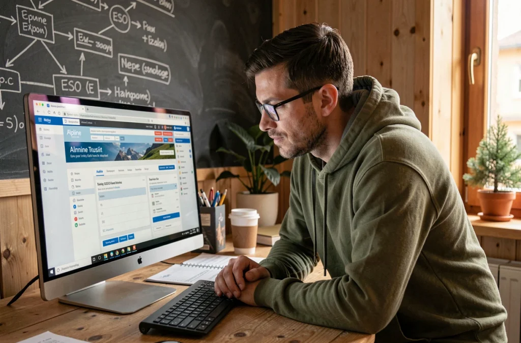 Développeur et stratège SEO de l'agence Alpiweb travaillant sur l'audit d'un site web de tourisme alpin