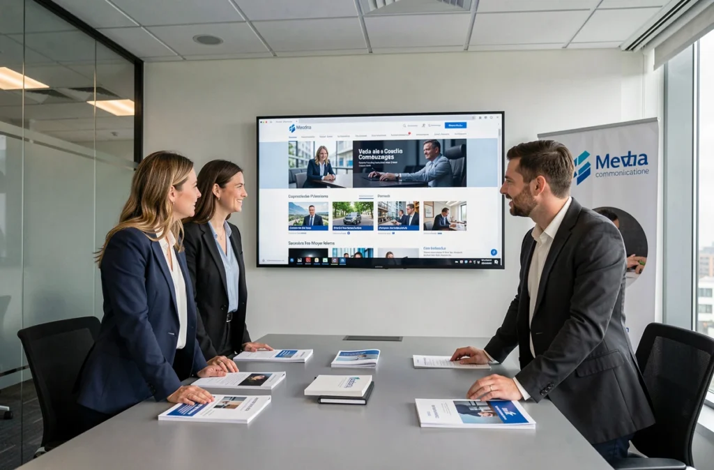 Équipe d'Axiome Media réunie dans une salle de réunion moderne devant un écran affichant un site web multimédia