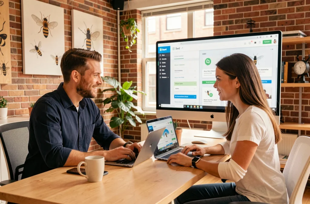 Équipe créative de l'agence Bee4 collaborant sur une stratégie de contenu SEO dans un studio moderne et dynamique