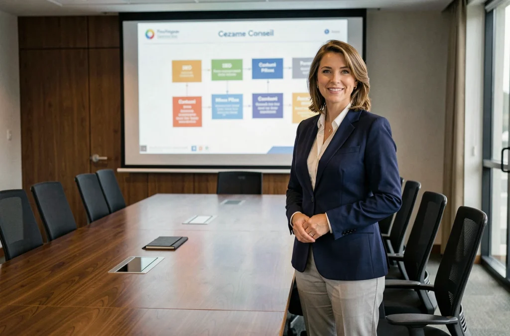 Consultante de Cezame Conseil présentant une feuille de route de stratégie digitale et SEO dans une salle de réunion professionnelle
