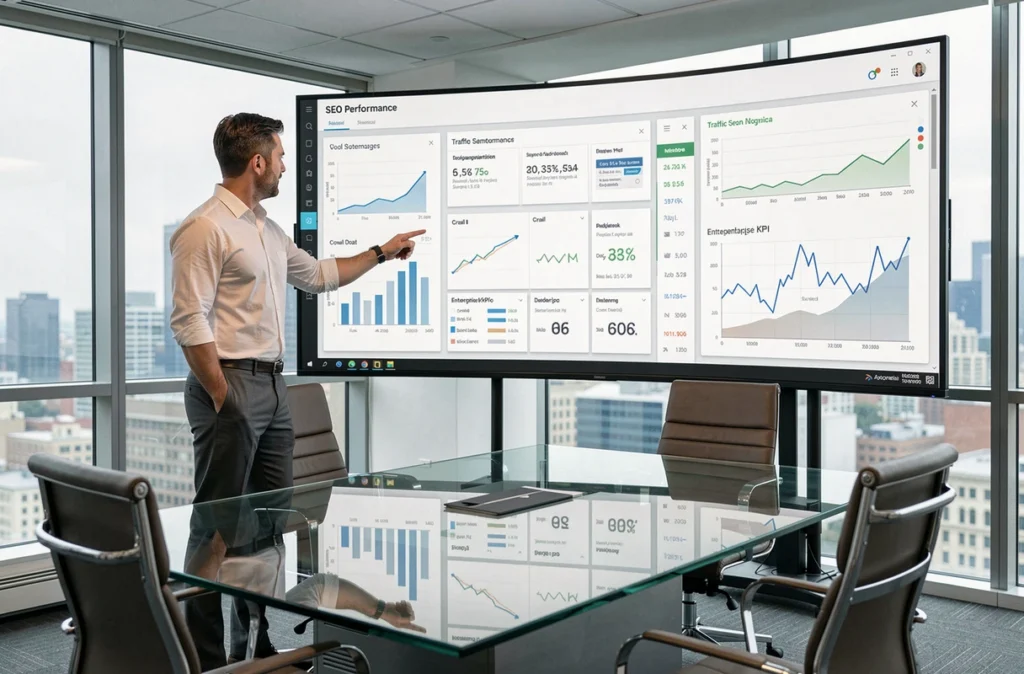 Analyste SEO de DATASOLUTION présentant un tableau de bord de données avancé à des cadres d'une grande entreprise dans une salle de réunion corporate