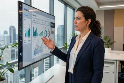 Directrice marketing eBay analysant des données e-commerce sur un tableau de bord numérique dans un bureau moderne