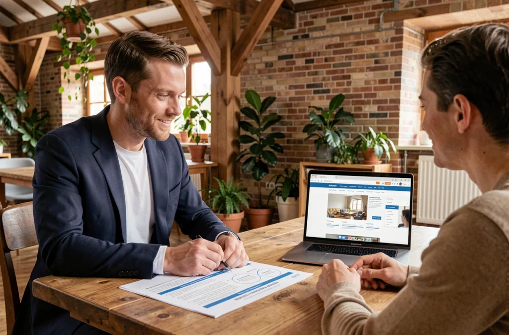 Consultant de EtienneDigital présentant une stratégie de site web à un client dans un espace de co-working chaleureux