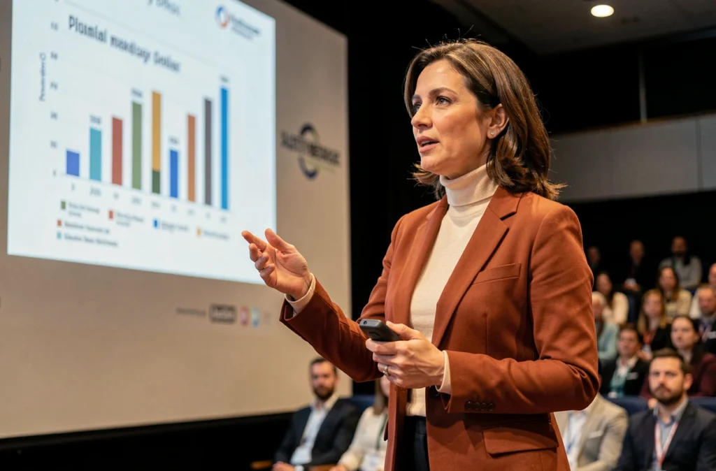 Conférencière experte en marketing digital présentant des tendances e-commerce lors d'un événement professionnel