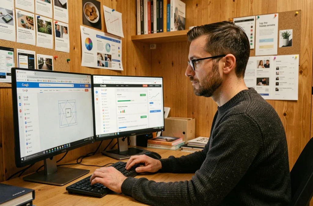 Designer web de Gentleview à Lyon travaillant sur l'optimisation SEO et le design d'un site web sur deux écrans dans un studio créatif