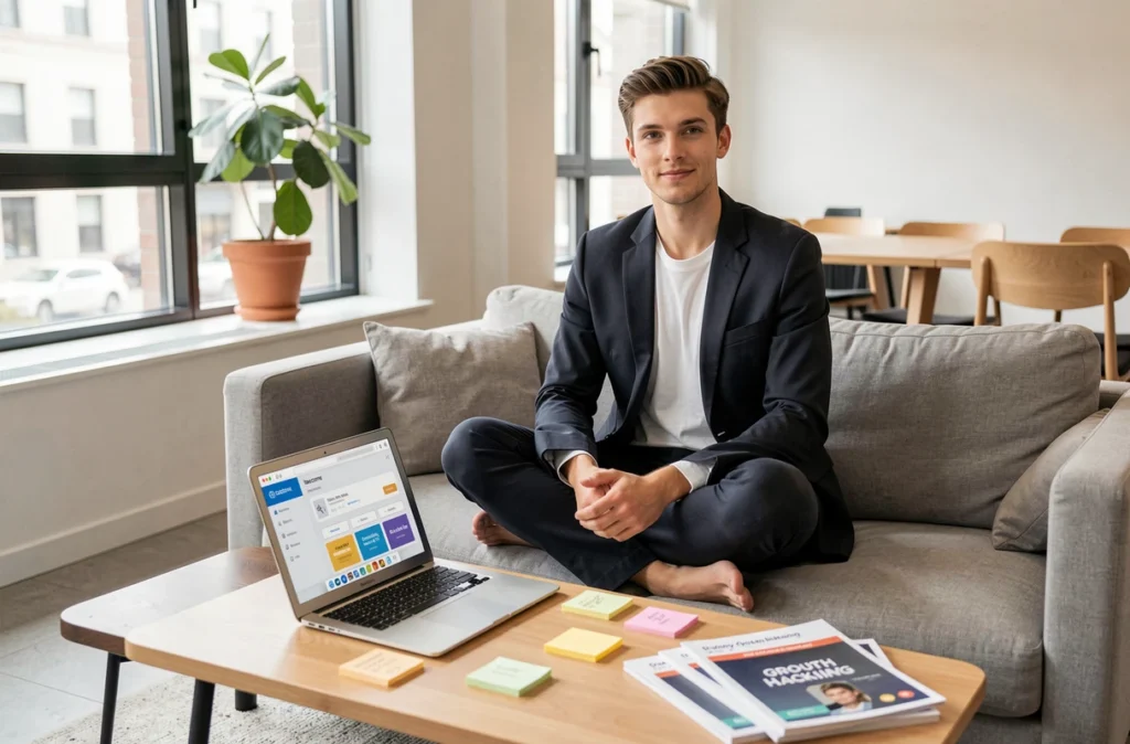 Entrepreneur digital d'Ibecome travaillant sur une plateforme de formation en marketing digital dans un espace de coworking moderne