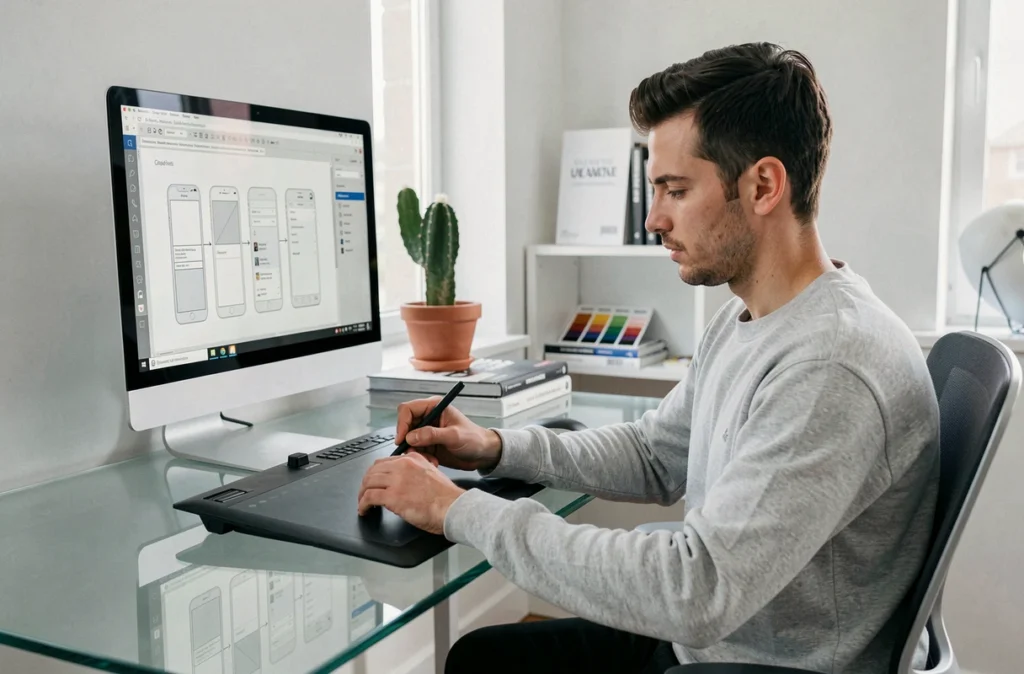 Designer UX de l'agence Inodia travaillant sur une tablette graphique pour concevoir une interface d'application mobile