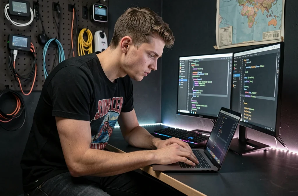 Développeur de l'agence Iodefx codant intensément sur un environnement JavaScript avec plusieurs fenêtres de terminal ouvertes