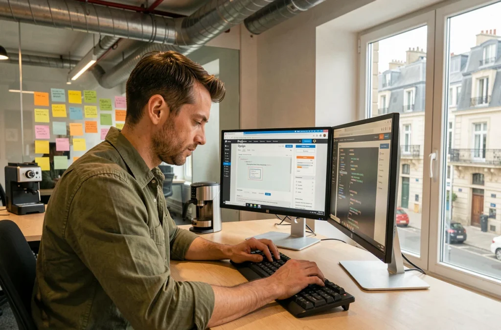 Designer web de JEBUISITE travaillant sur la construction d'un site WordPress avec du code affiché sur un second écran