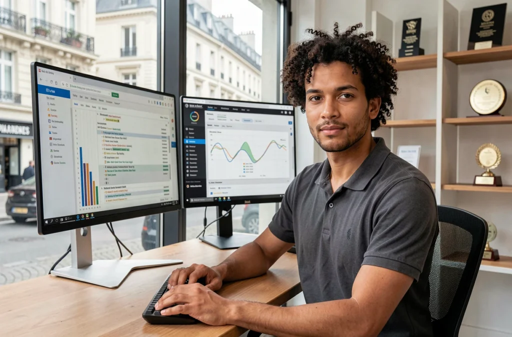 John Rambelo, consultant SEO technique, travaillant sur un rapport d'exploration et d'analyse de backlinks