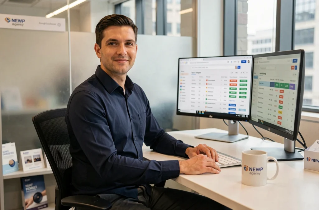 Kévin Papot, consultant SEO fondateur de l'agence NEWP, devant ses écrans affichant des données de référencement naturel