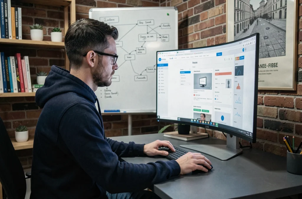 Développeur web concentré de l'agence LeWeboskop travaillant sur une maquette de site dans un studio créatif